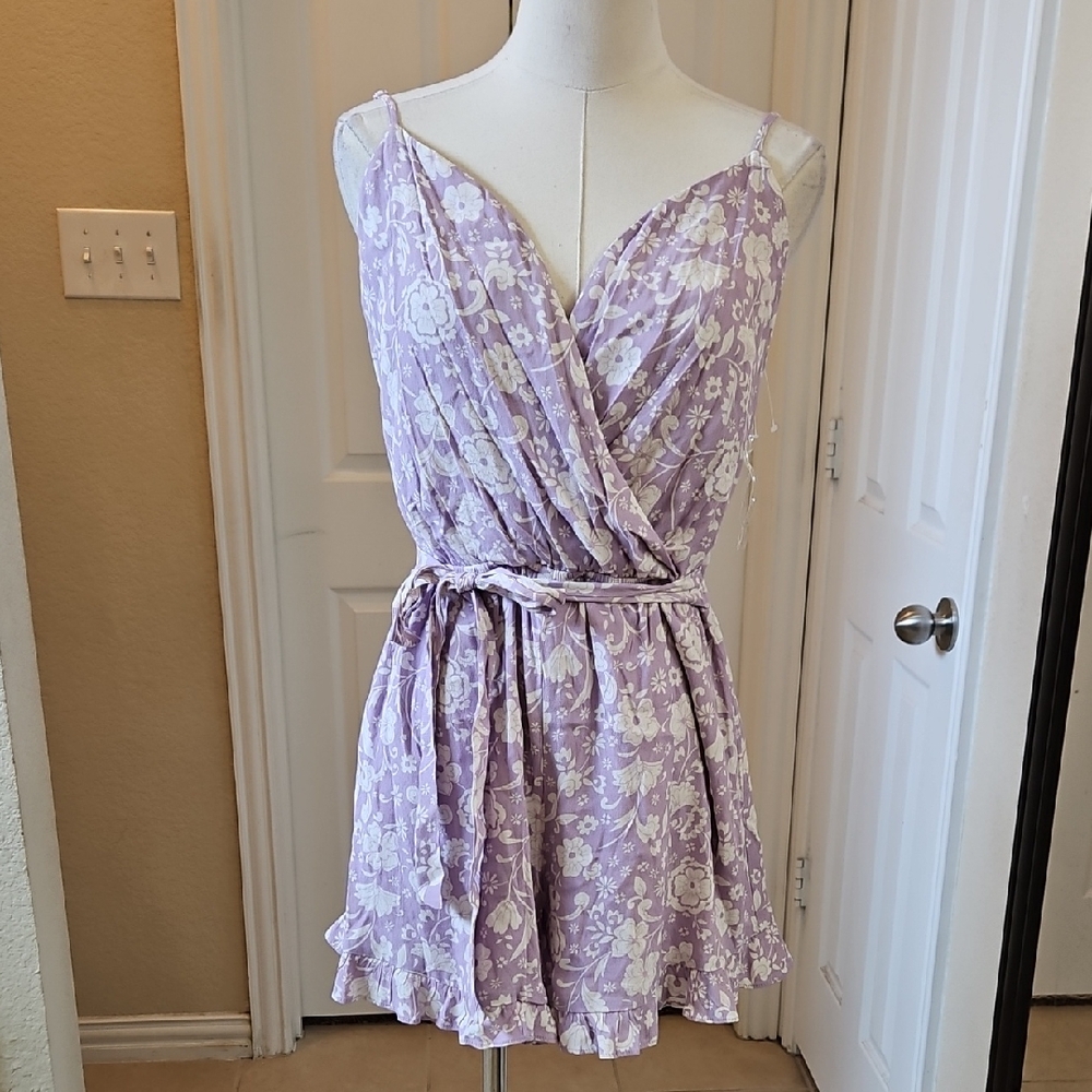Crystal Doll Lilac and White Floral V Neck Spaghetti Strap Ruffle Hem Romper - Picture 2 of 9